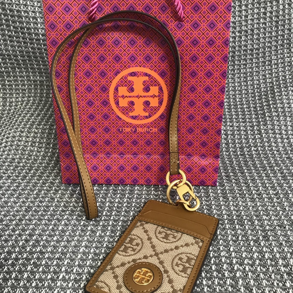 Tory Burch Tan and Cream Lanyard Card Holder